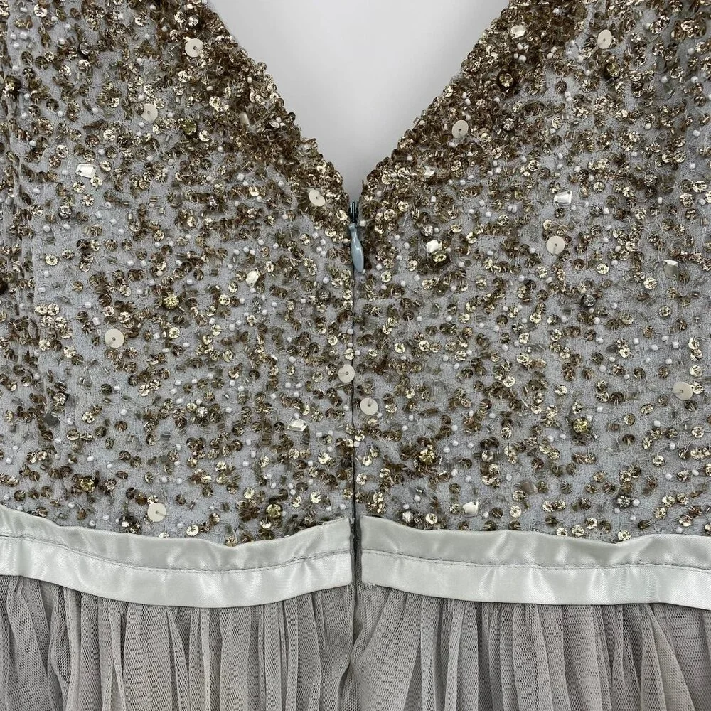 BHLDN Gray Gold Beaded Tulle Maxi Dress | Size 14 - Picture 10 of 12